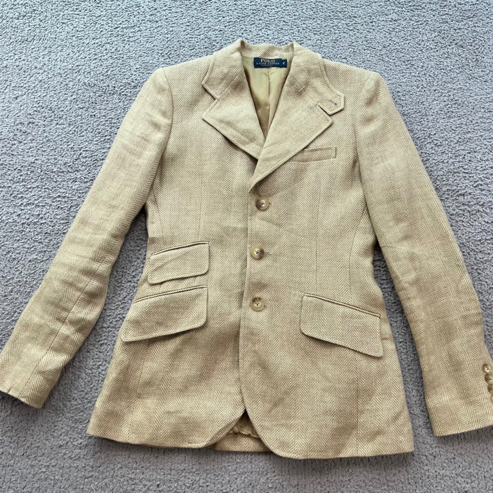 Polo Ralph Lauren Tan Herringbone Linen Blazer Made in Italy Size 2